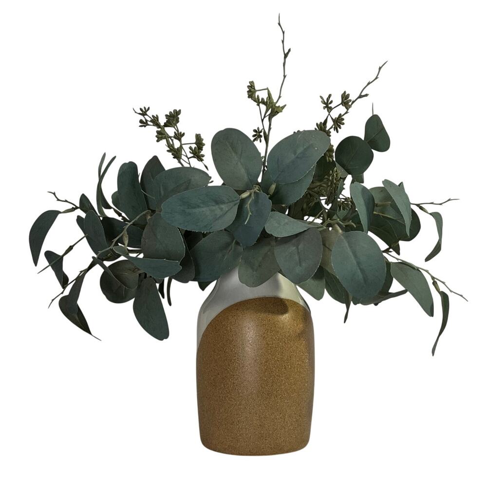 Artificial Eucalyptus White Tan Ceramic Bud Vase Decor